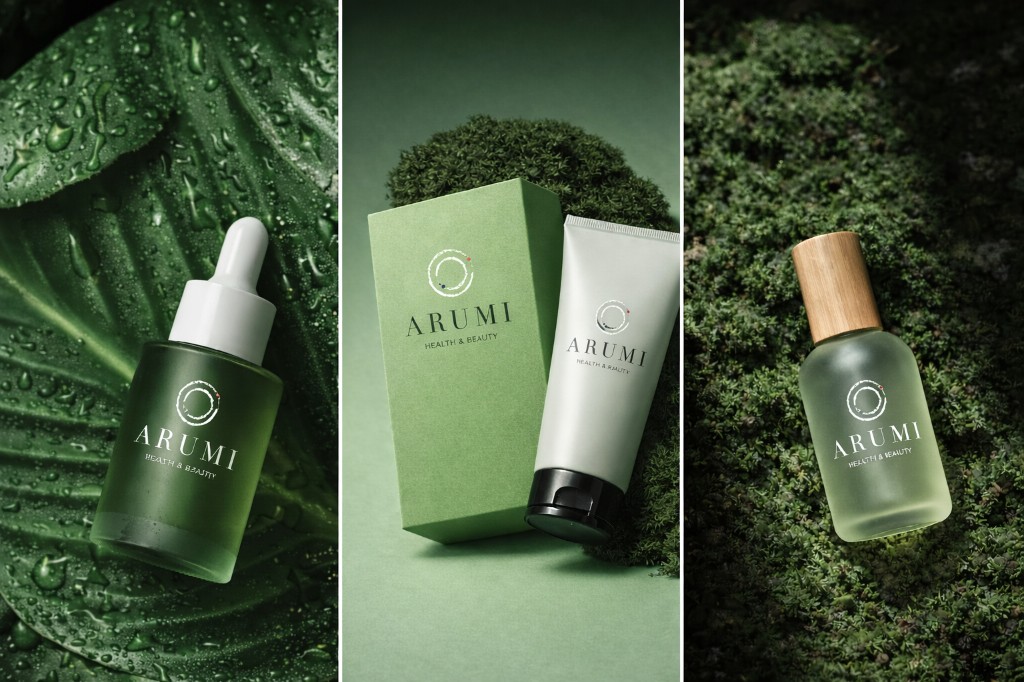 Arumi Health and Beauty — triptych: green dropper bottle on dewy leaf; sage packaging and tube on moss; frosted spray bottle in moss with wood cap