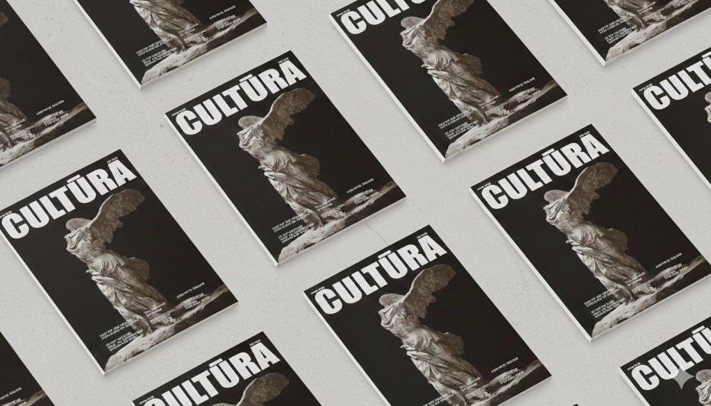 Cultūra magazine covers in a diagonal grid on a light textured surface, Nike of Samothrace on each cover