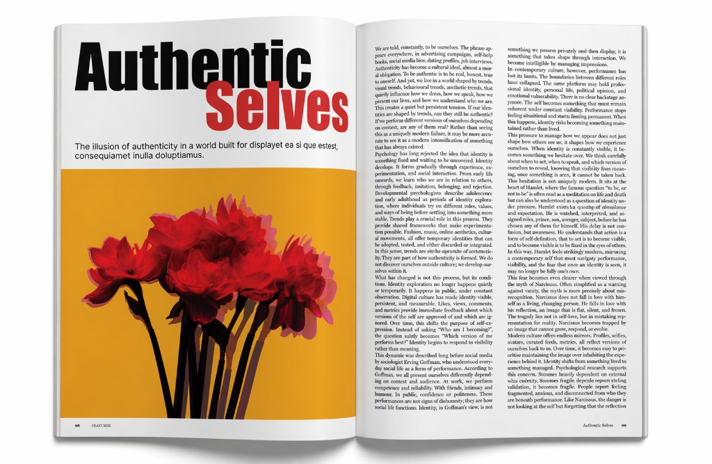 Cultūra magazine spread — Authentic Selves, title and red flowers on yellow