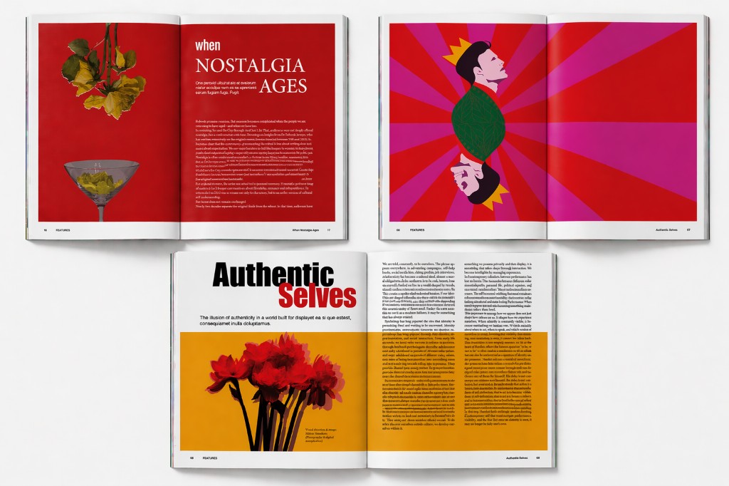 Cultūra magazine — three open spreads including Nostalgia in red and Authentic Selves