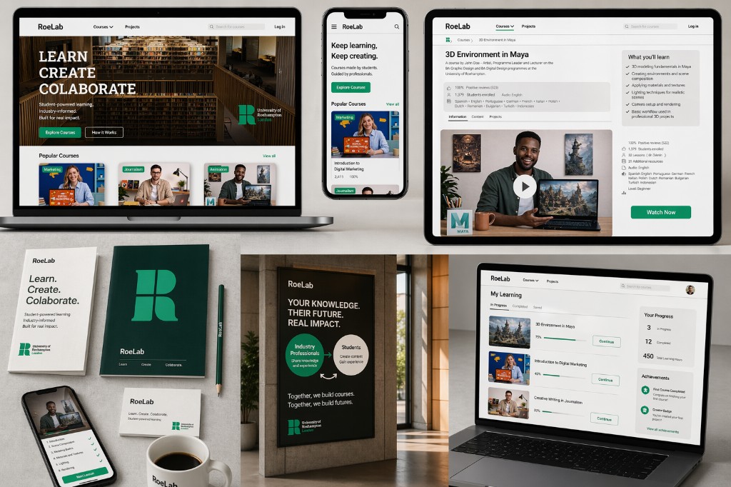RoeLab — brand and UI showcase: laptop homepage, phone, tablet course view, dashboard, print collateral, and hallway poster