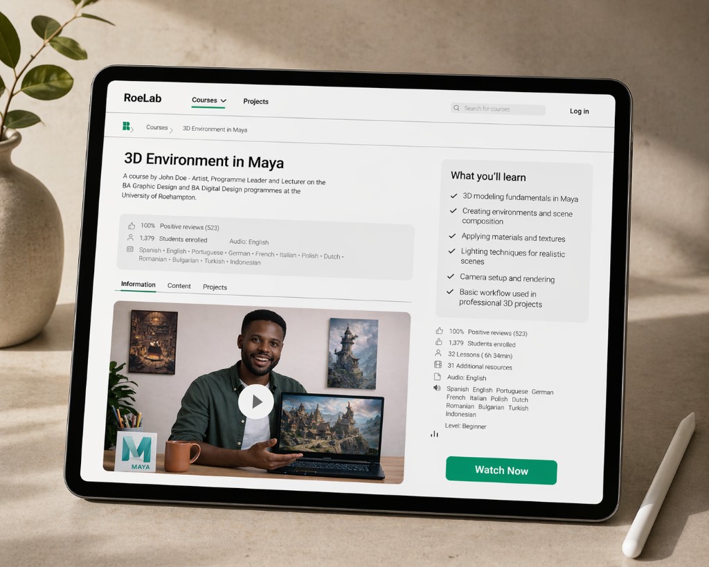 RoeLab course page on tablet — 3D Environment in Maya with video, information tabs, and What you'll learn sidebar