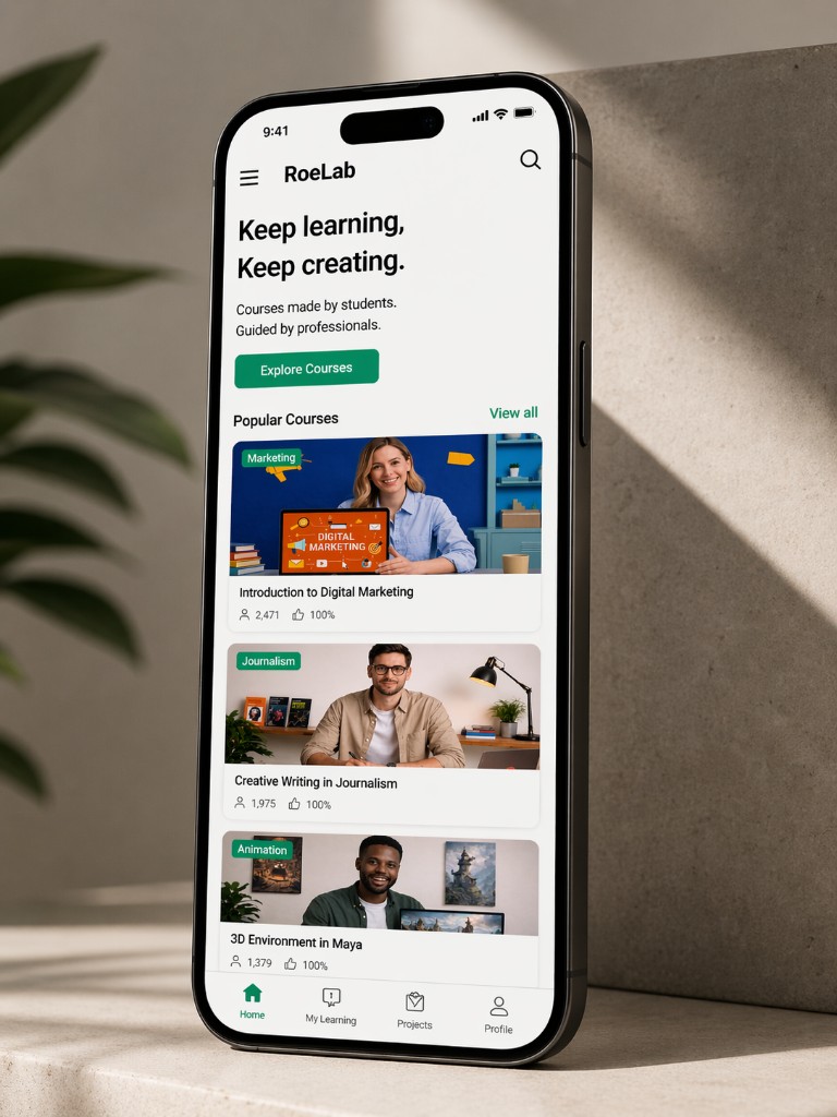RoeLab mobile app — home with Keep learning Keep creating, Explore Courses, and Popular Courses list
