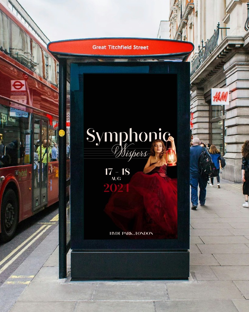 Symphonic Whispers digital poster at Great Titchfield Street bus shelter, red bus and street scene