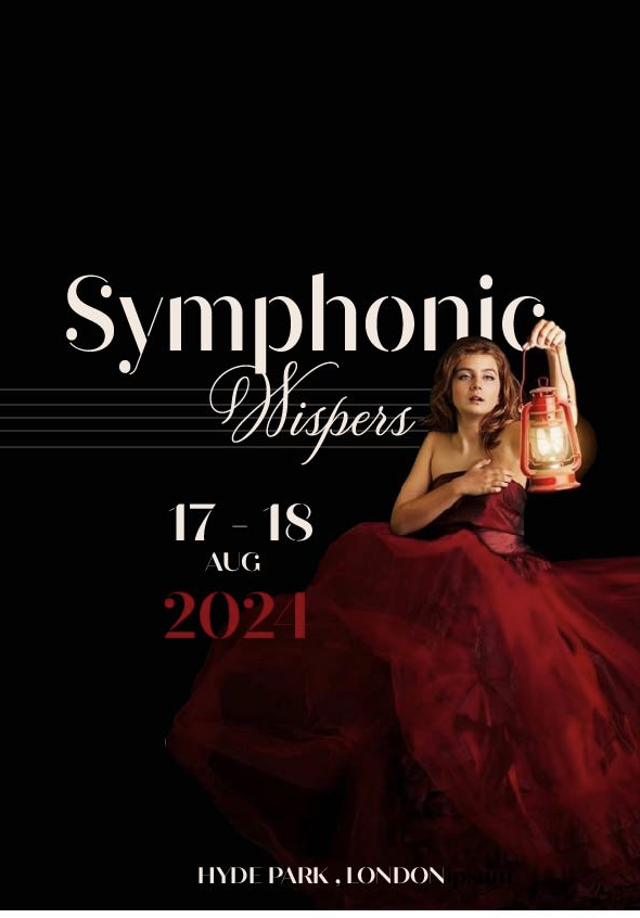 Symphonic Whispers festival poster — figure in red gown with lantern on black, dates and Hyde Park London