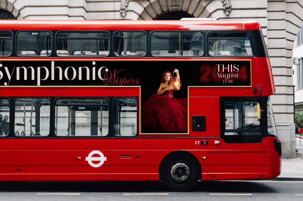 Symphonic Whispers — bus-side poster on a red London double-decker, lantern portrait and August dates